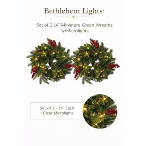 Bethlehem Lights Set of 2 14 Inch Miniature Green Wreaths Clear Microlights H212